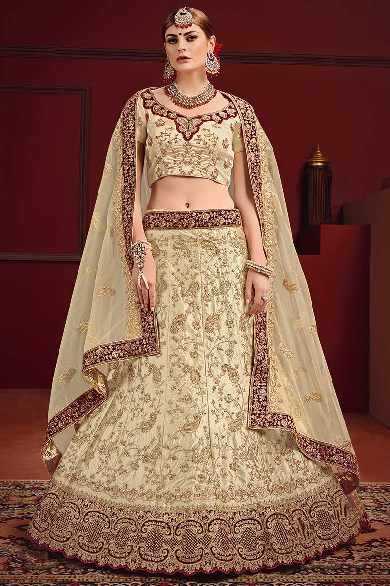 Beige Satin A-Line Embroidered Lehenga