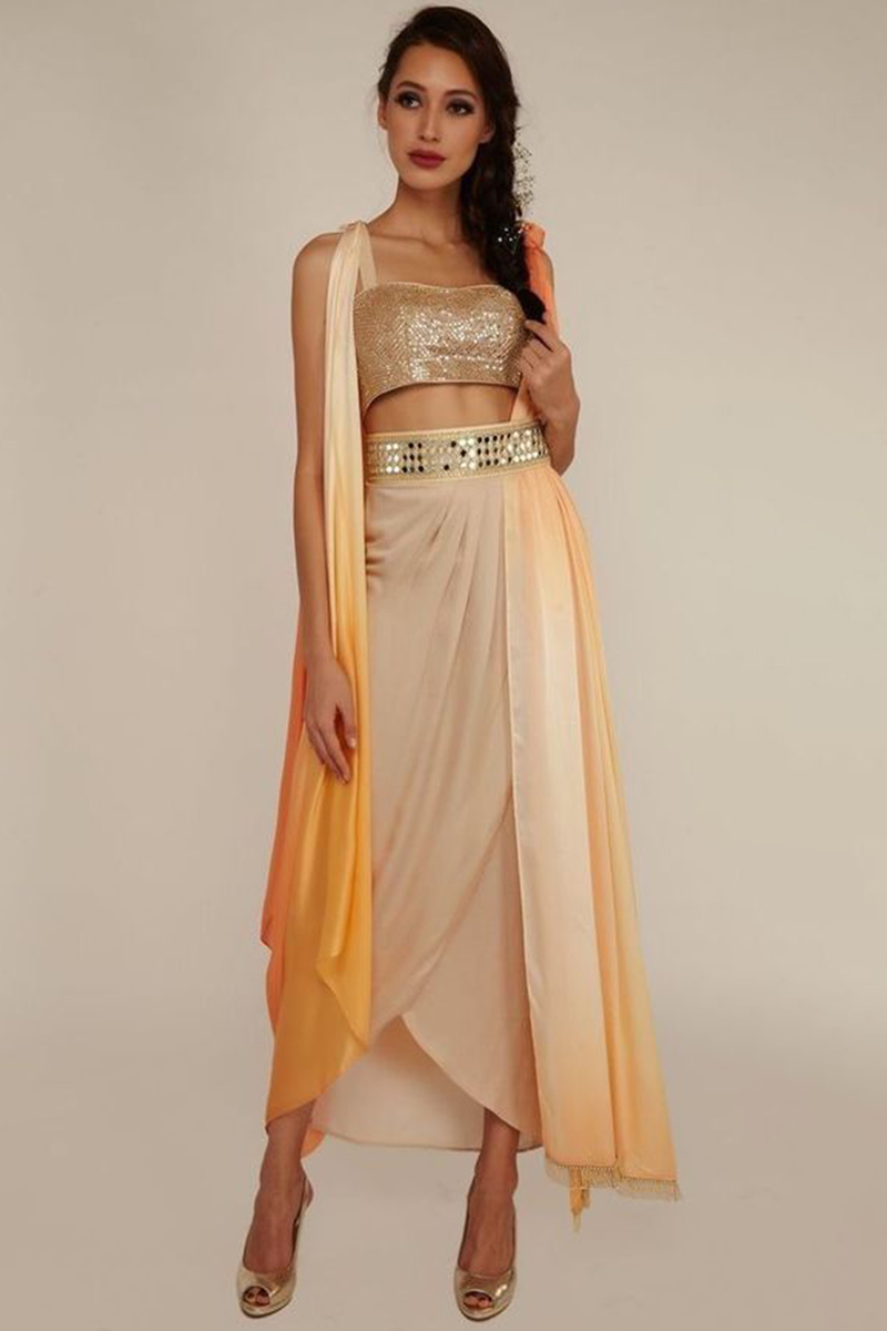 Beige Satin Mirror Embroidered Lehenga