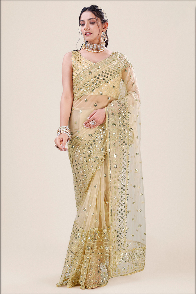 Beige Sequins Embroidered Net Fancy Saree