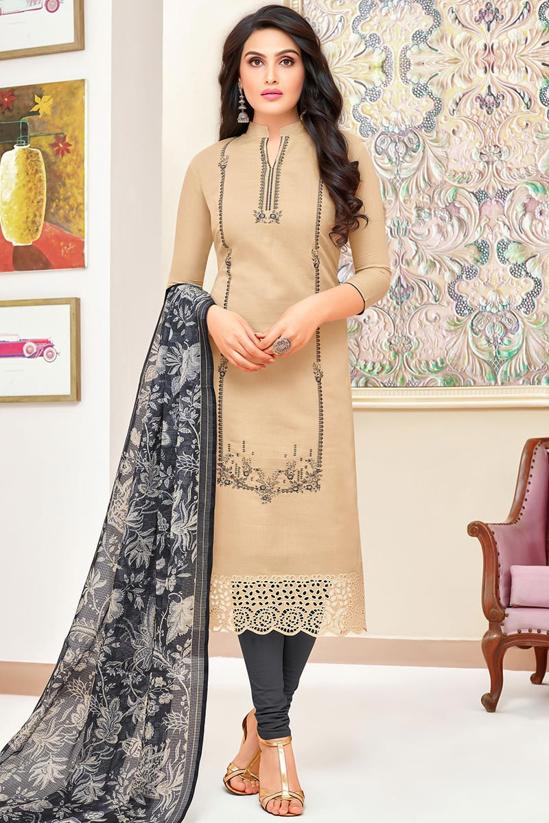 Fashionable Churidar Suit in Beige Embroidered Fabric LSTV07335