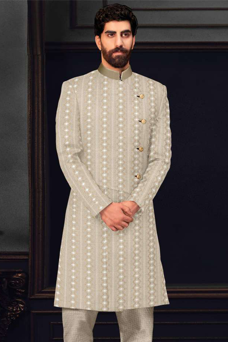 Beige Silk Straight Cut Men's Sherwani