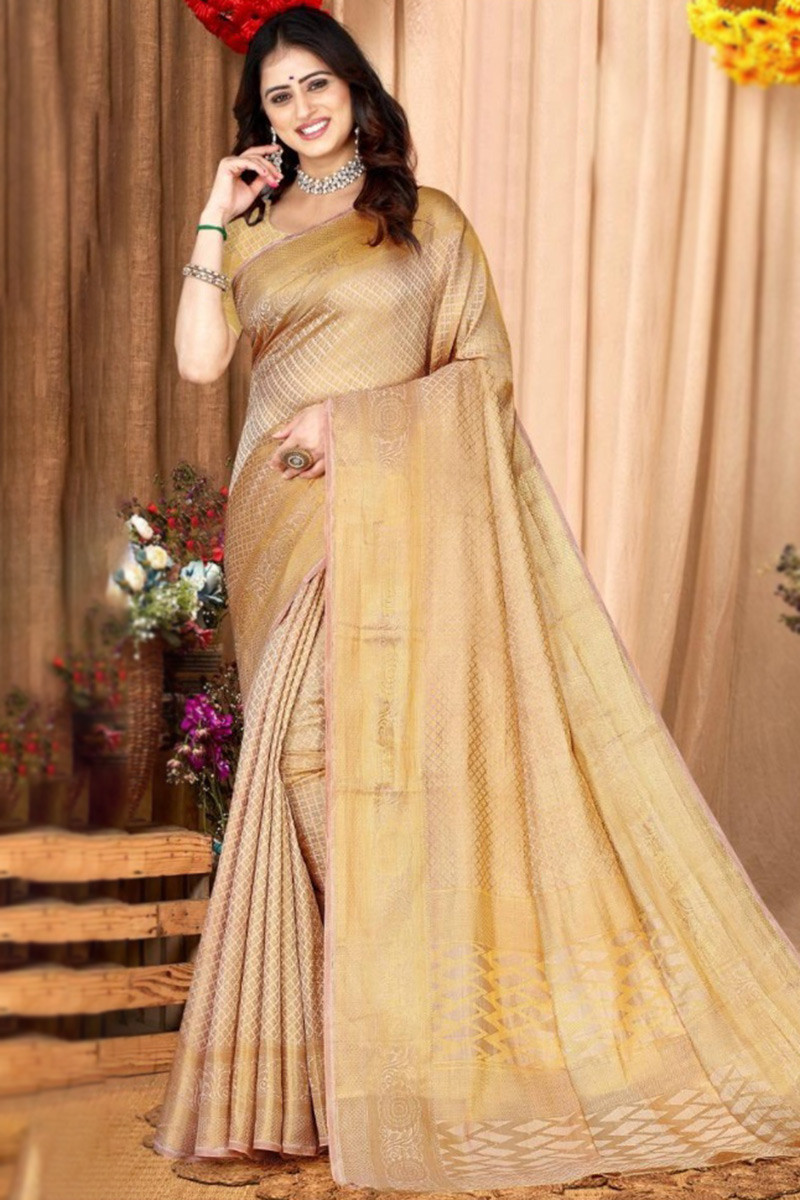 Indian Wedding Saree - Need to upgrade your wardrobe with a traditional  South-style saree? 🤭 Try this stunning Banarasi silk saree in yellow color  and make a mesmerizing impression. 😍 The beauty