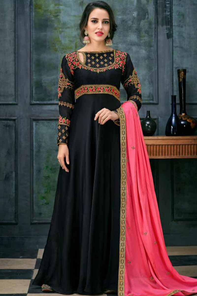 Eid Collection Black Embroidered Georgette Abaya Style Anarkali Suit -  Suryavansi Creation - 4272876