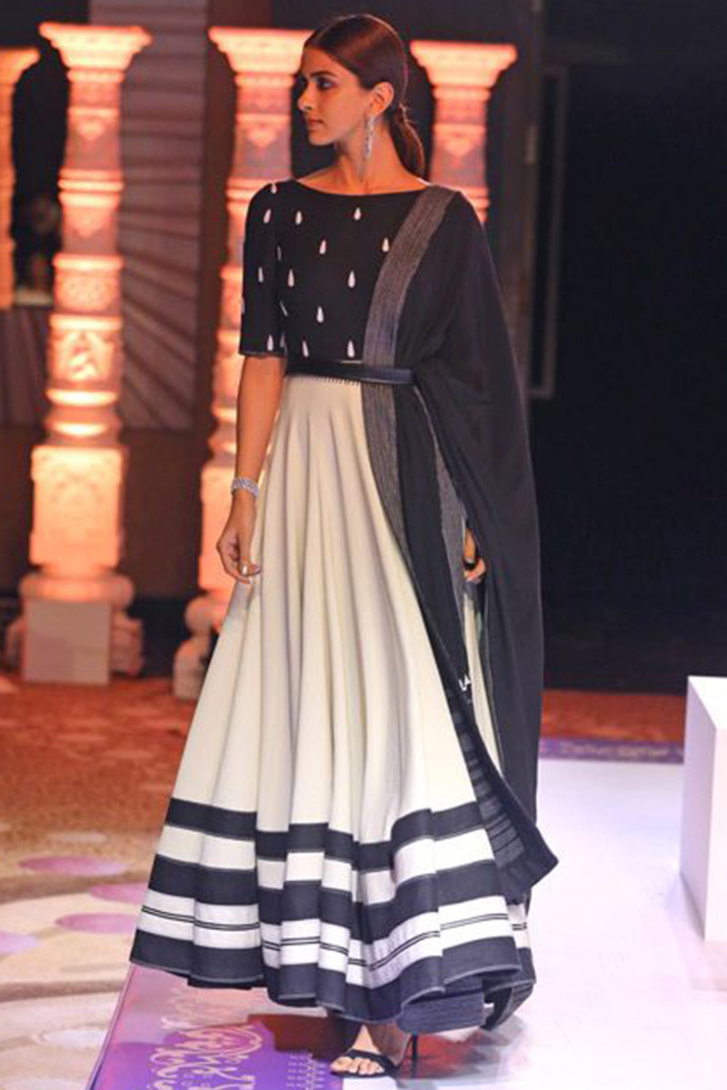 Black and White Silk Indian Anarkali With white churidar Resham Work and zari work with stone work