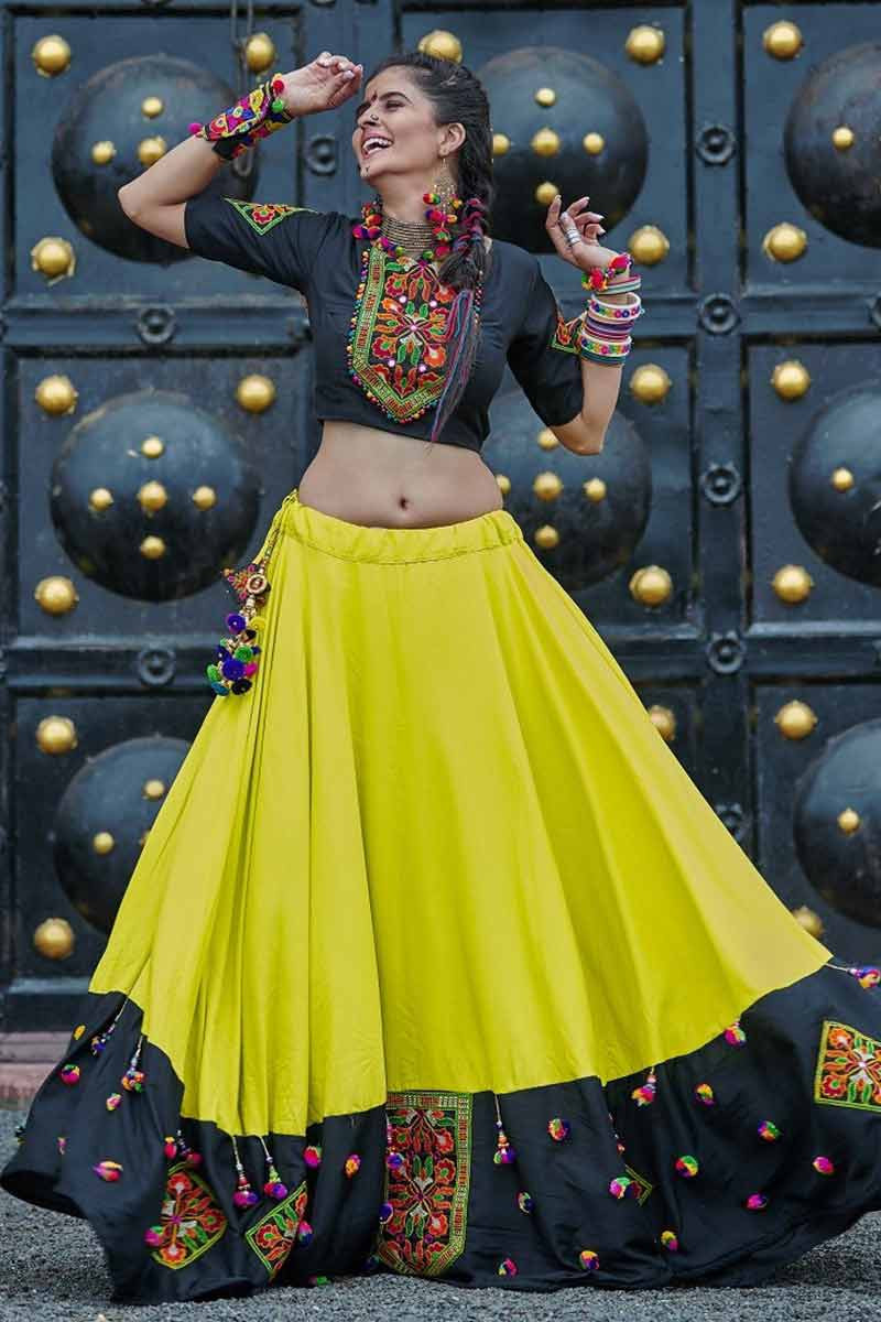 Green & Musturd Yellow Cotton Embroidered Navratri Special Lehenga –  myracouture