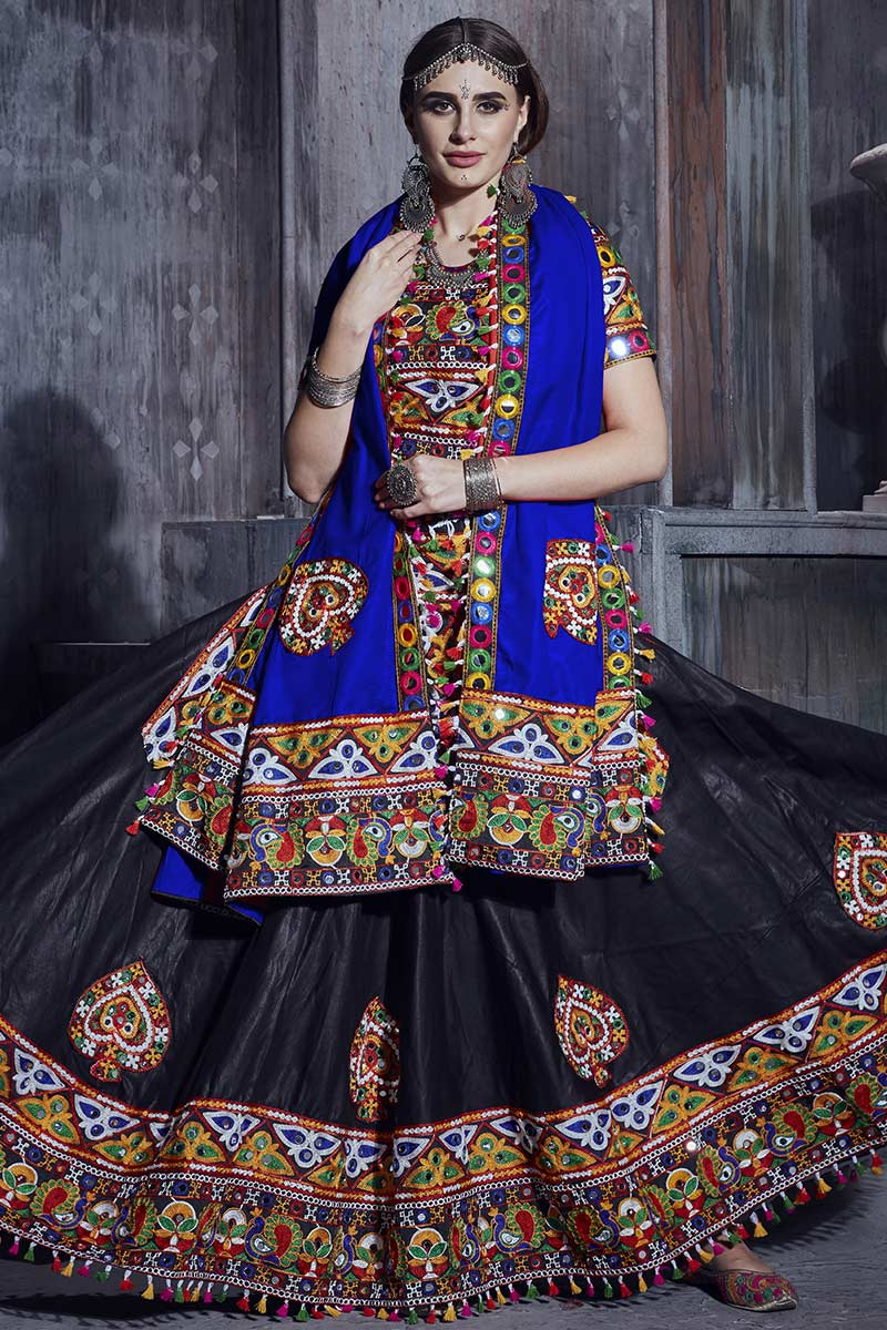Black Party Wear Patch Embroidered Lehenga in Art Silk