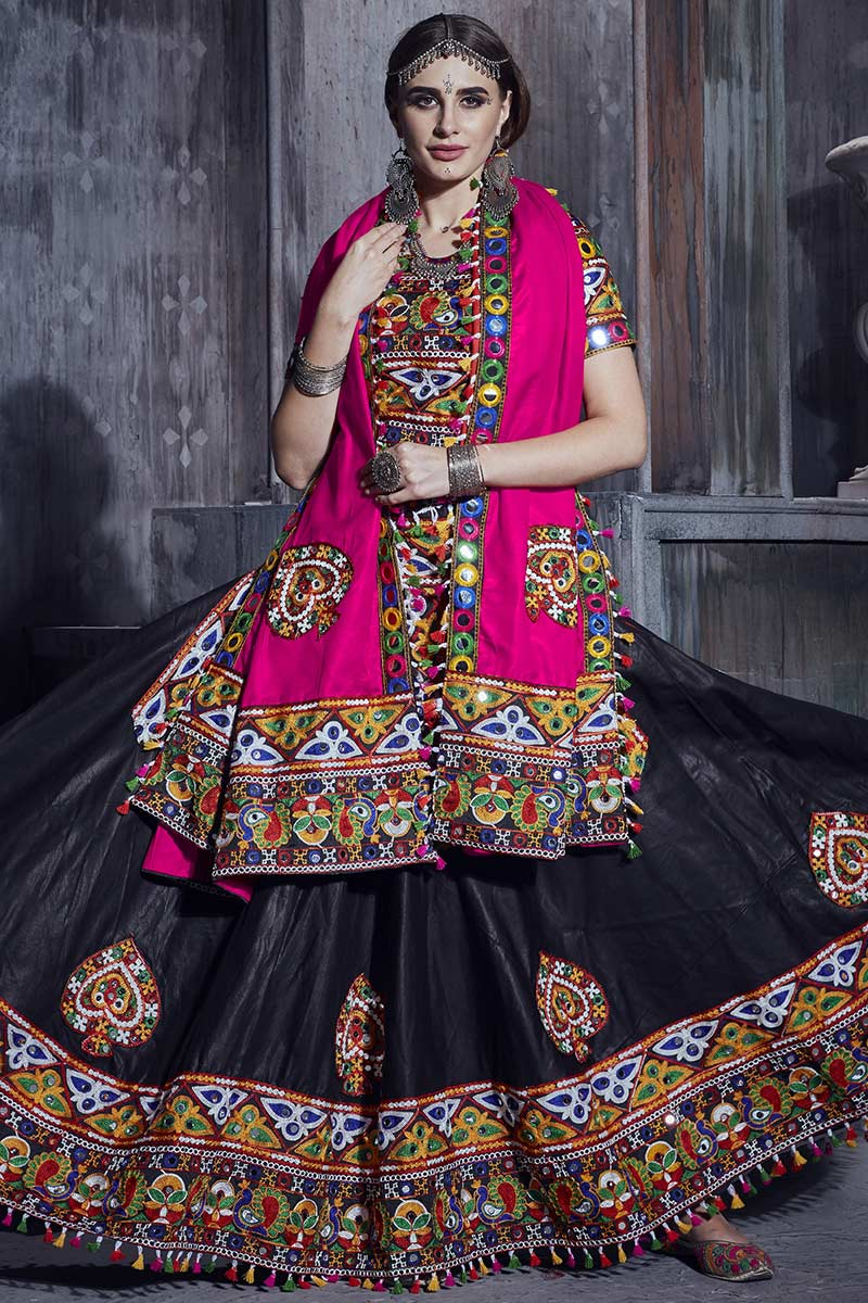 Black Party Wear Thread Embroidered Lehenga in Art Silk