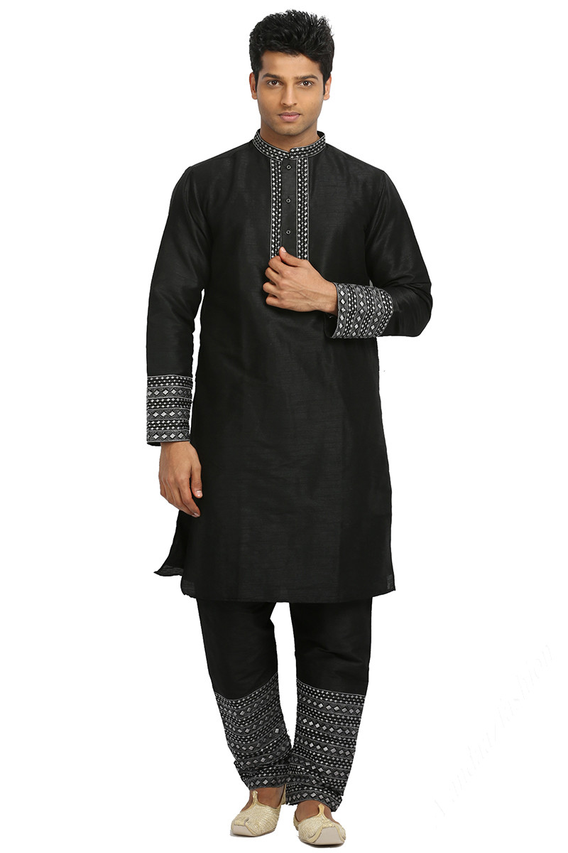 Embroidered Art Silk Black Men Kurta Pajama MKPA03947