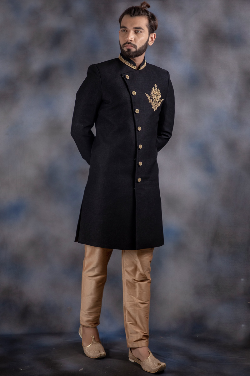Art Silk Readymade Sherwani In Black Color