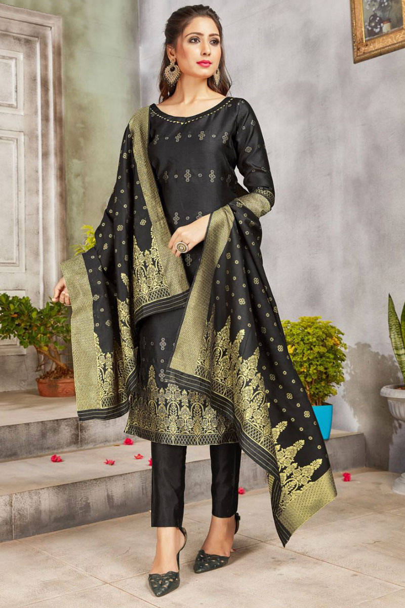Black Banarasi Silk Party Wear Trouser Suit