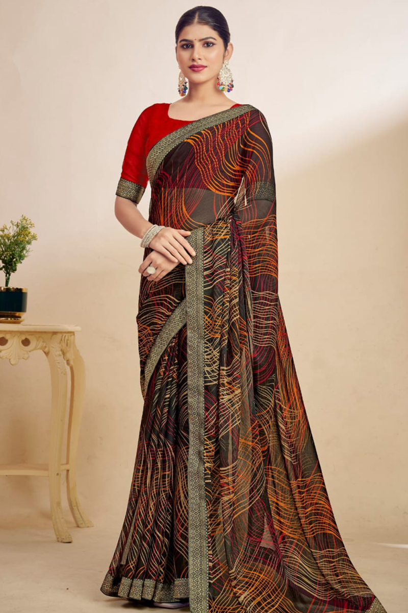 Black Chiffon Saree With Printed Work For Festival