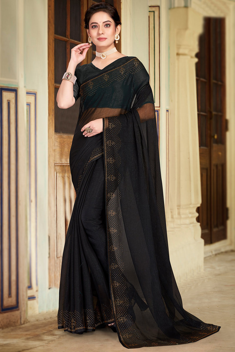 Sequins Embroidered Chiffon Saree & Blouse In Black | Talha Batla-sgquangbinhtourist.com.vn