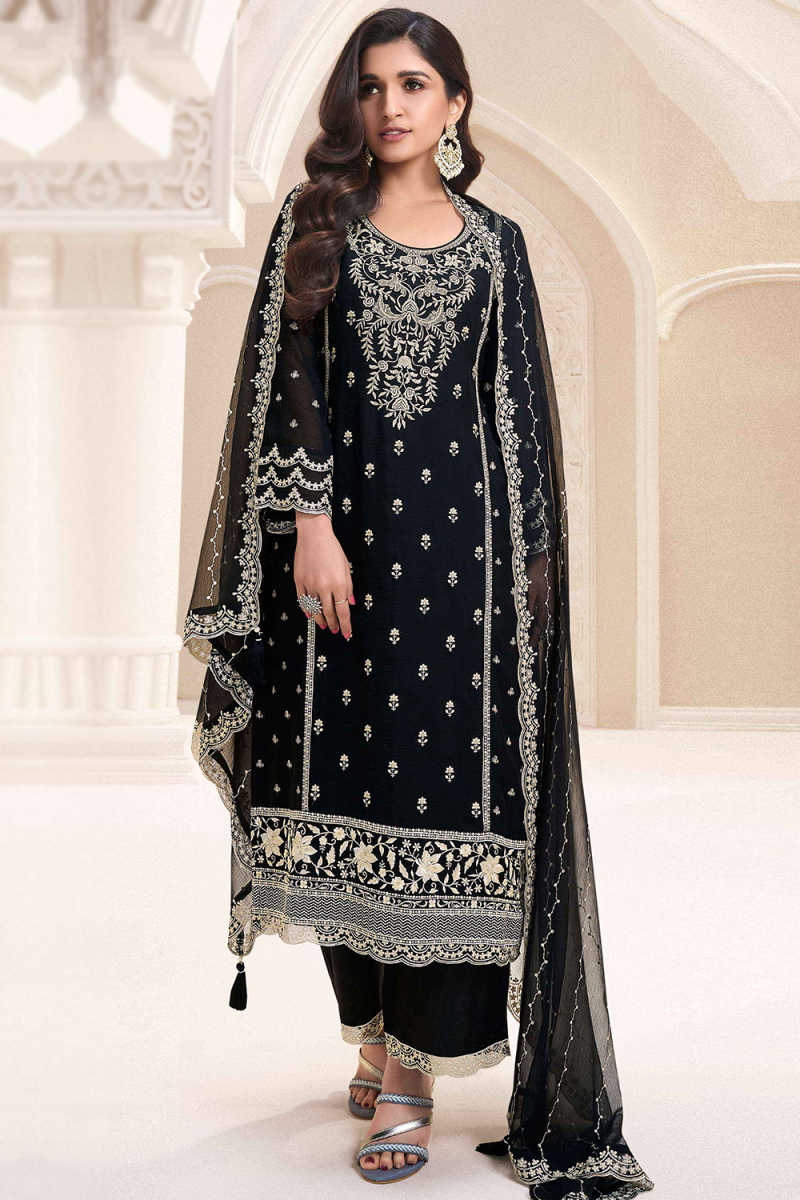 Black Chiffon Straight Pant Suit With Sequins Work For Diwali