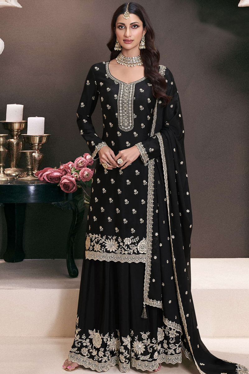Black Chinnon Sharara Suit With Sequins Work For Diwali