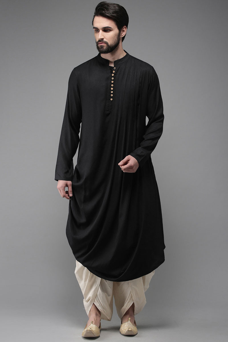Black Cotton Asymmetric Men s Dhoti Kurta