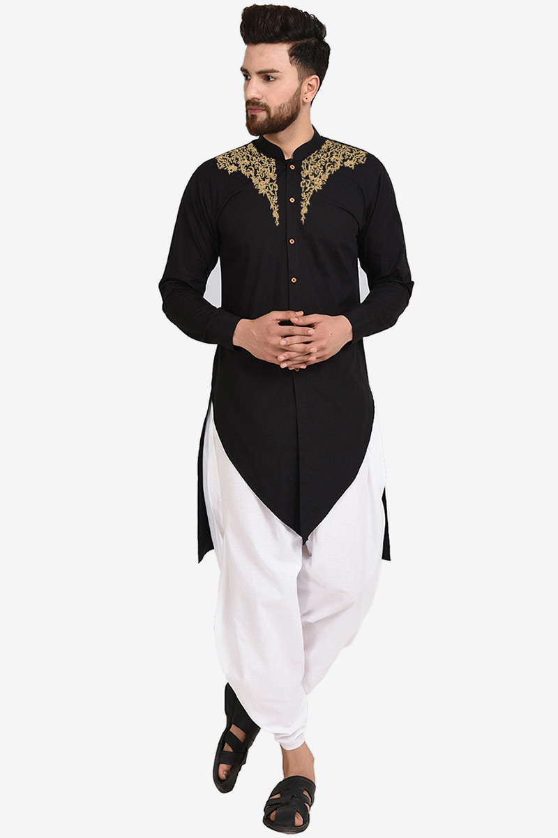 Divas Fashion Men Kurta Pajama in Black Embroidered Fabric MKPA02594
