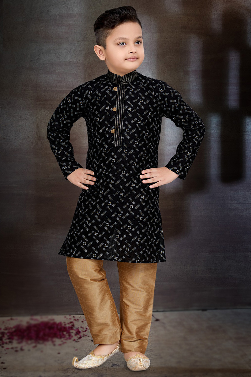 Black Cotton Printed Straight Cut Boy s Kurta Pajama MKPA05515