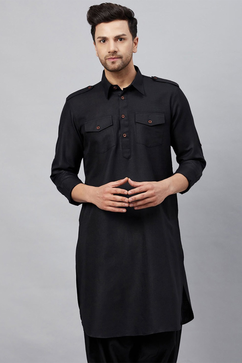 Black Cotton Silk Men's Kurta Chuidar For Festival
