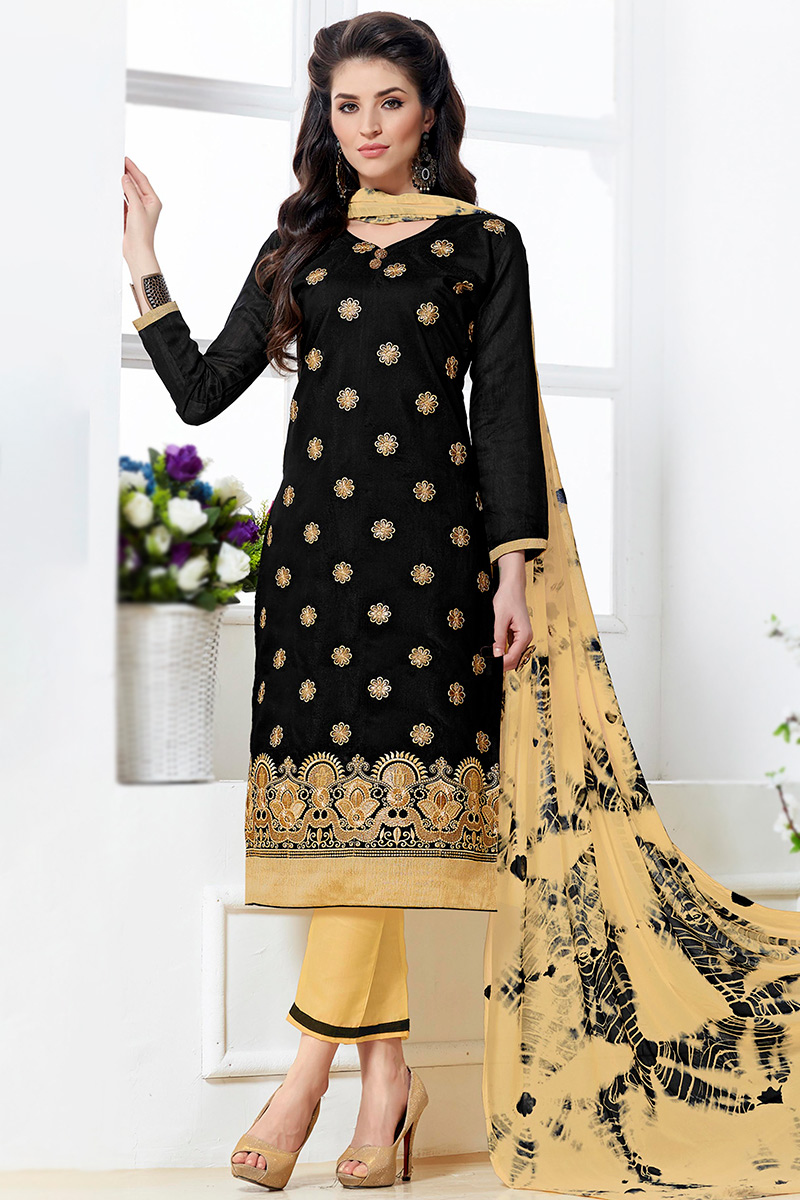 Black Cotton Silk Resham Thread Embroidered Trouser Suit