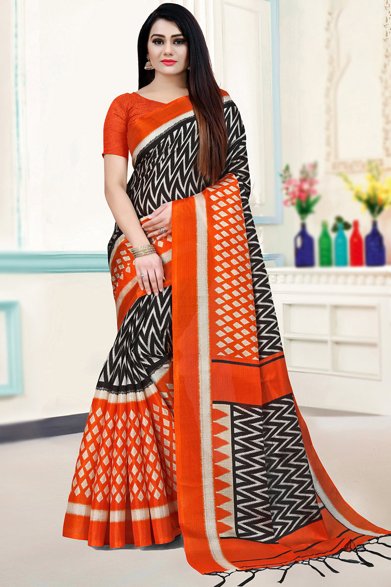 Printed Gorgeous Orange Saree at best price in Bhubaneswar | ID: 26430143388