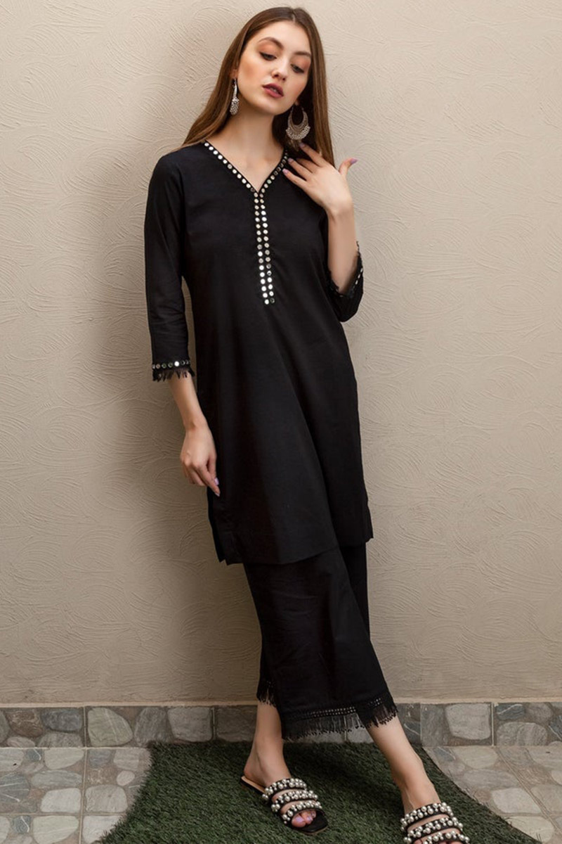 Cotton Black Mirror Embroidered Trouser Suit for Party 