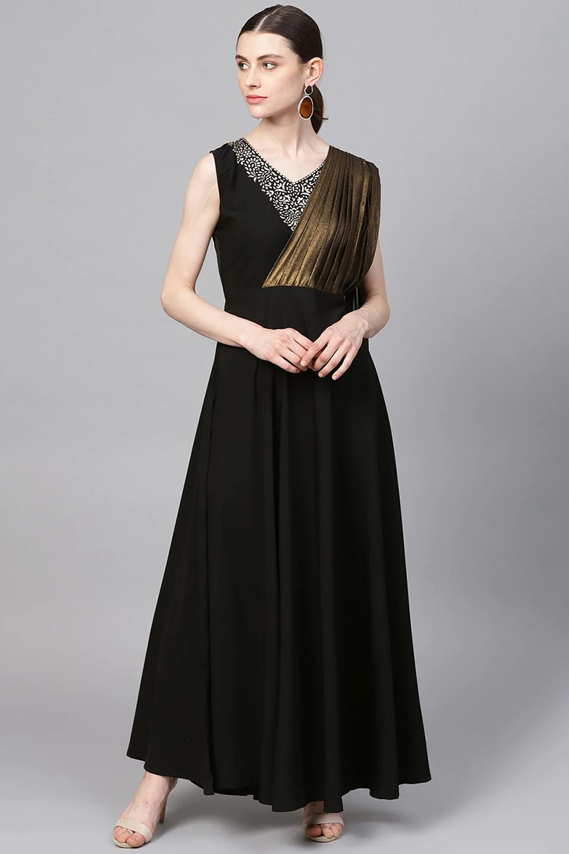 Black Crepe A Line Embroidered Gown