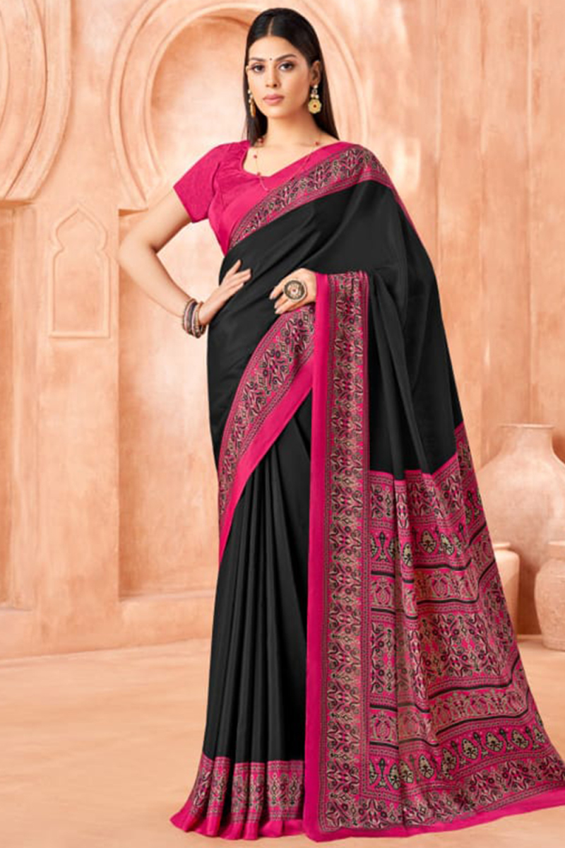 Black Crepe Saree With Printed Work For Casual Wear