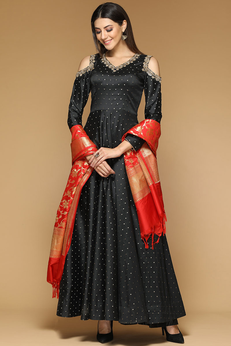 Black Dupion Embroidered Anarkali Suit for Wedding & Party
