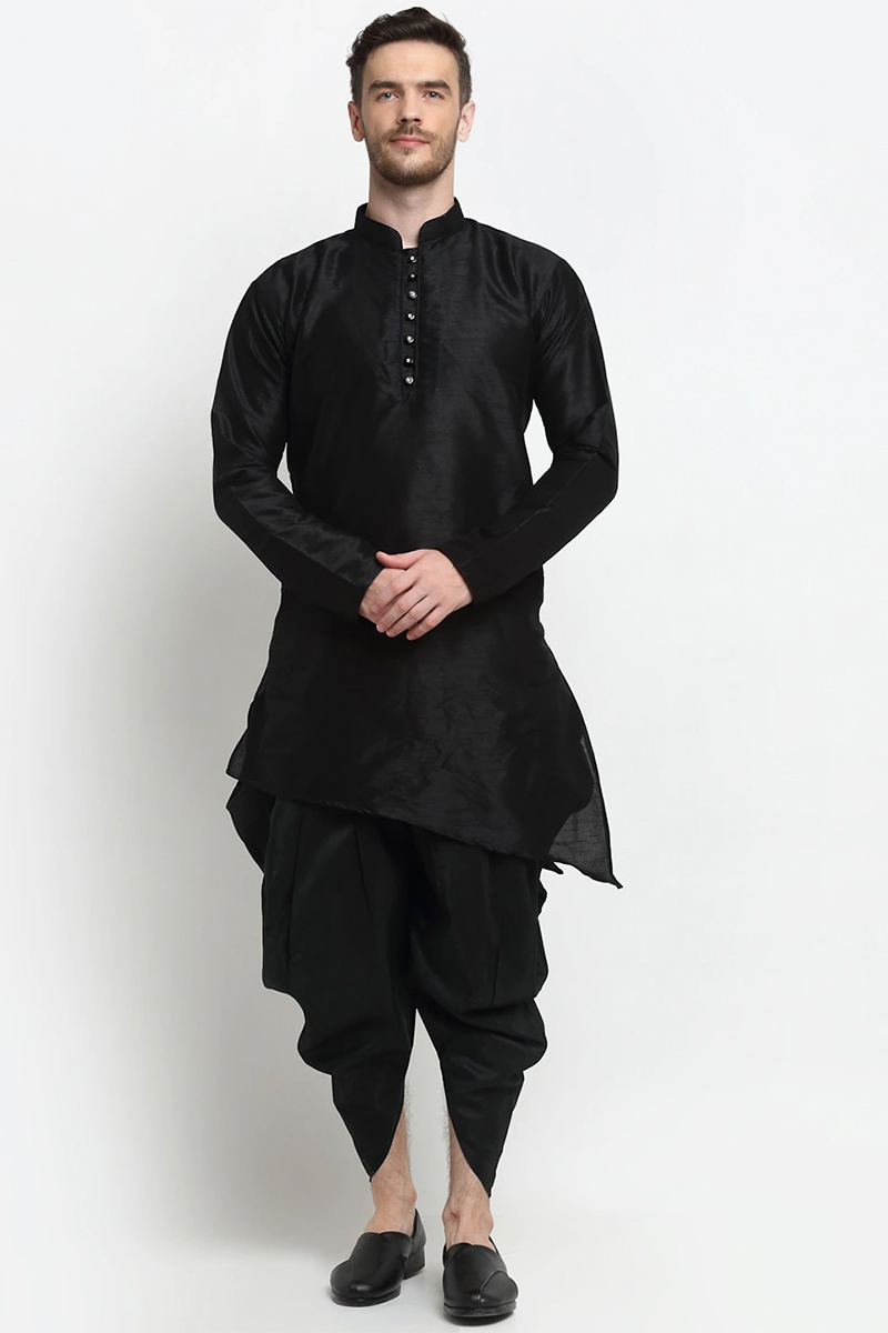 Black Dupion Silk Asymmetrical Men Kurta Pajama