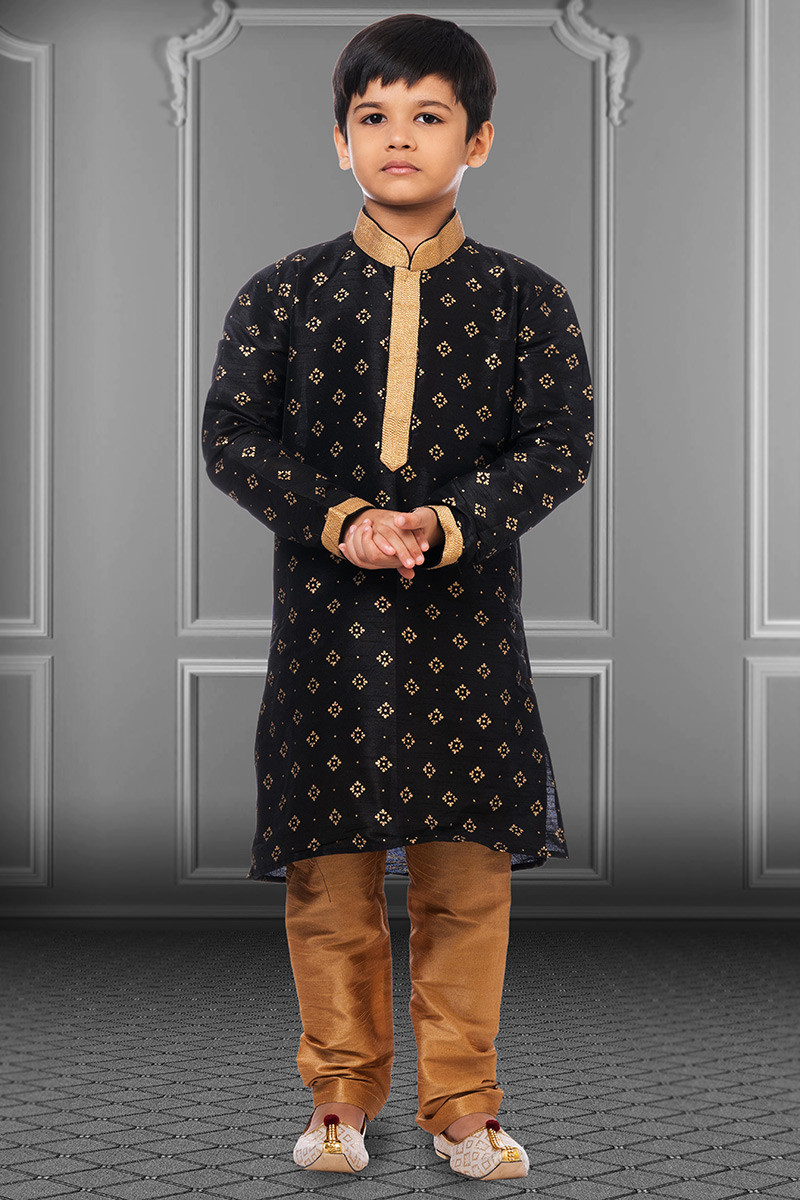 Patterned Kids Kurta Pajama in Black Embroidered Fabric MKPA04102