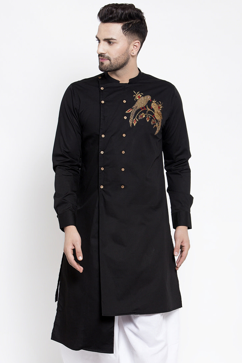 Black Cotton Asymmetric Men Kurta with Resham embroidery