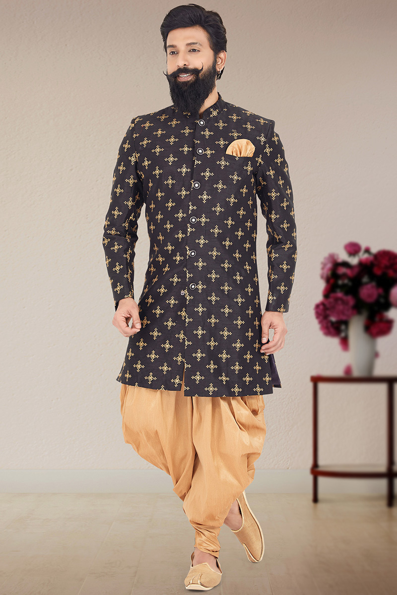 Black Dupion Silk Embroidered Zari Work Sherwani with Dhoti Pants