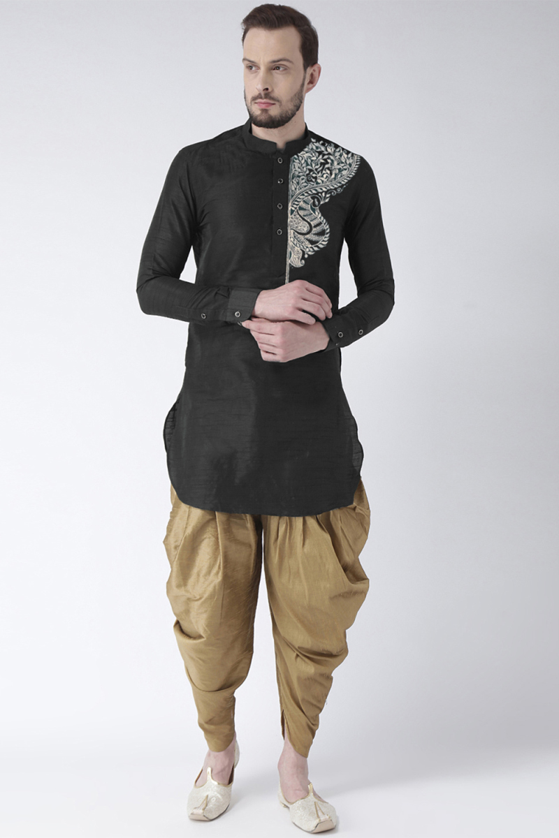 Black Dupion Silk Embroidered Straight Cut Men's Kurta Dhoti 