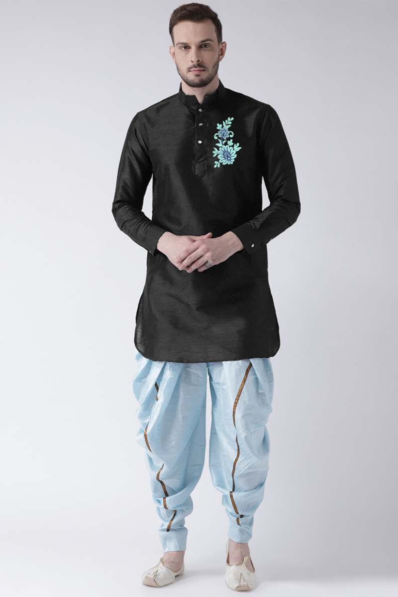 Black Dupion Silk Embroidered Straight Cut Men's Kurta Dhoti 