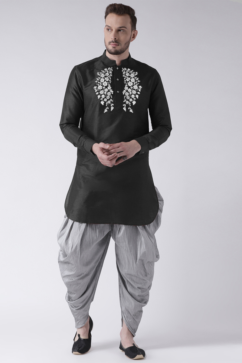 Black Dupion Silk Embroidered Straight Cut Men's Kurta Dhoti