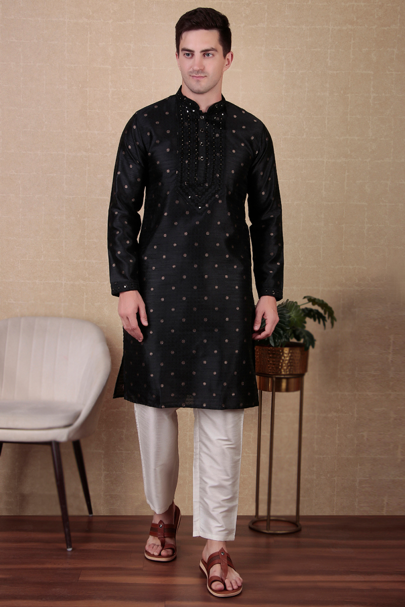 Black Dupion Silk Embroidered Straight Cut Men's Kurta Pajama