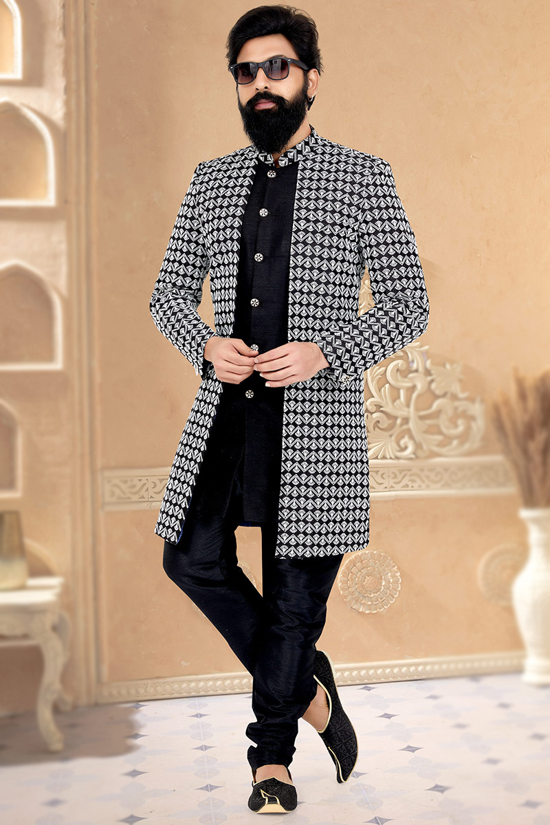 Black Dupion Silk Jacket Style Men Sherwani