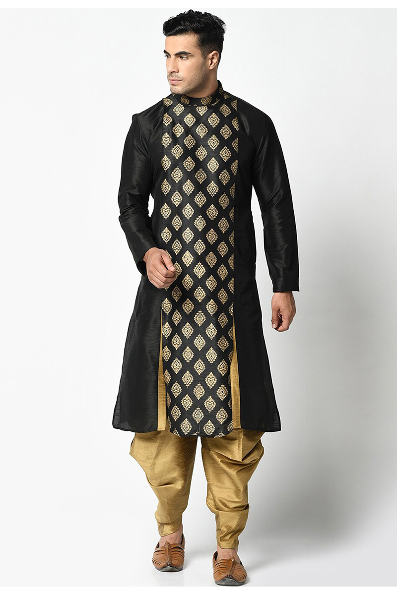 Dupion Silk Men Kurta Pajama in Black for Party 
