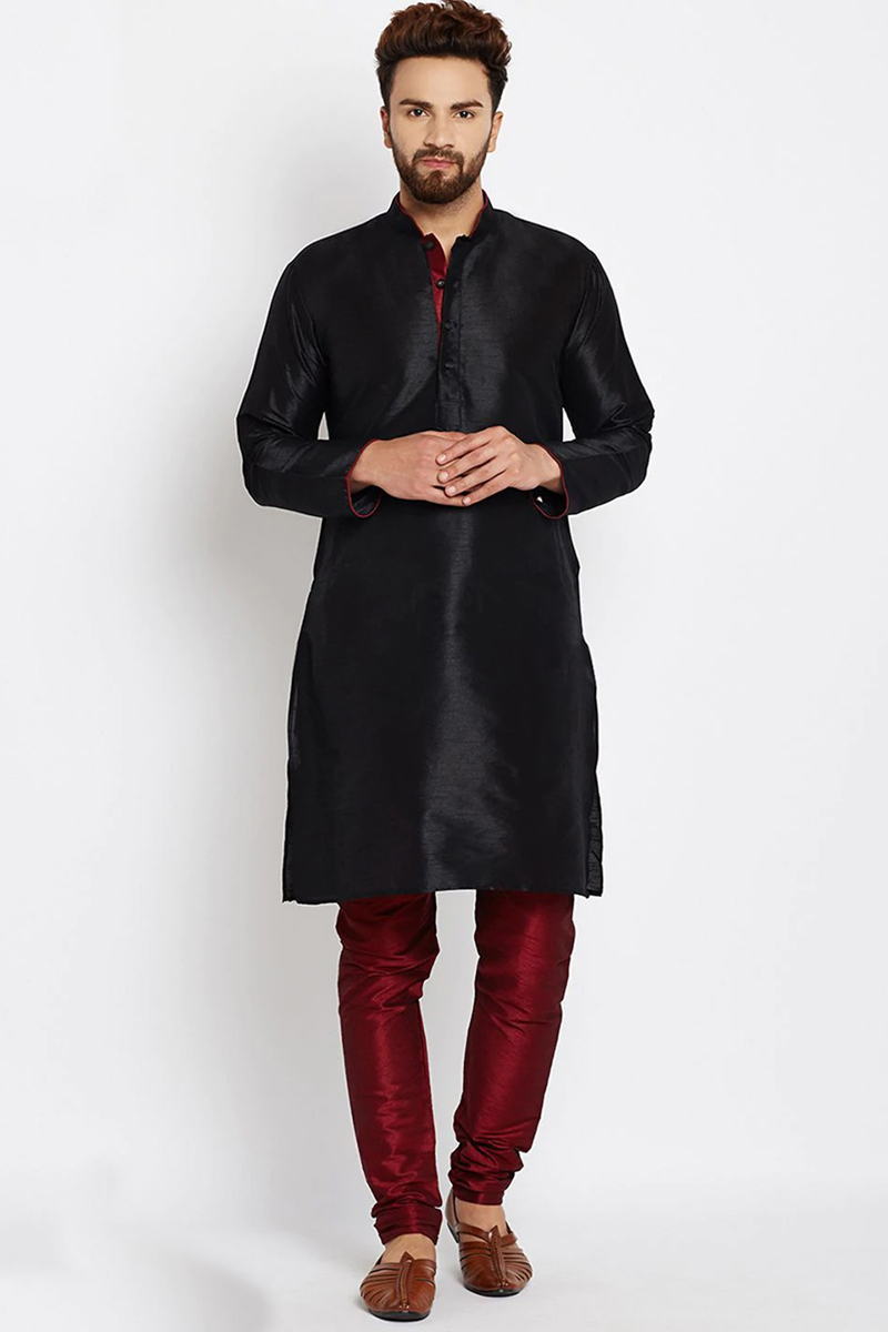 Black Dupion Silk Men's Kurta With Churidar