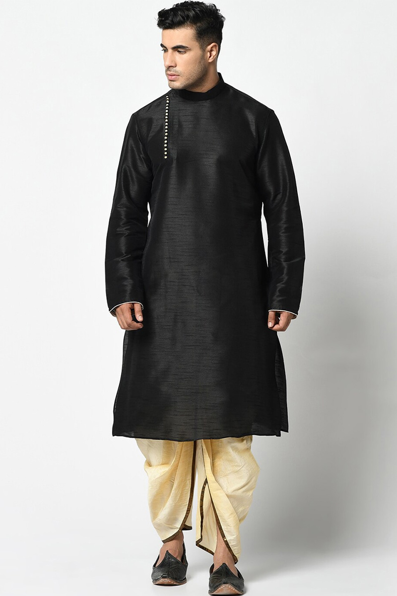 Black Dupion Silk Party Wear Men Kurta With Cream Dhoti