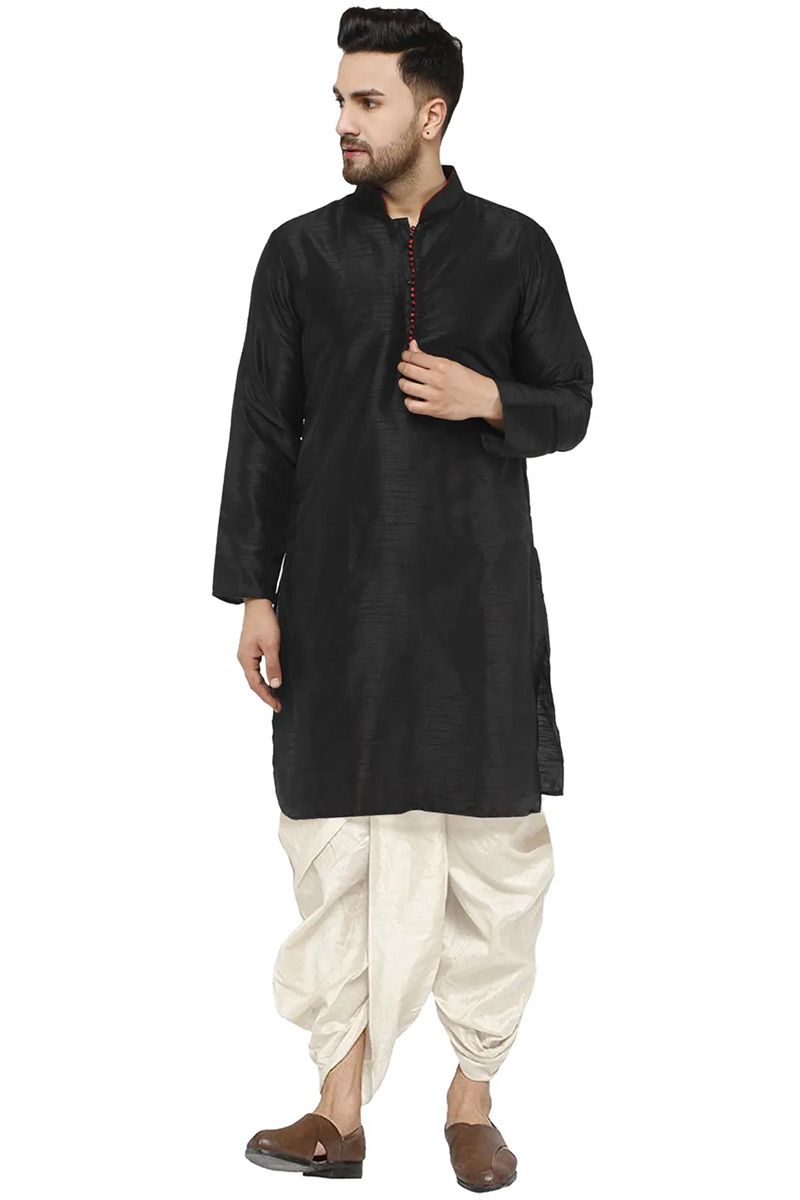 Festive Wear Black Dupion Silk Men's Plain Kurta with White Dhoti