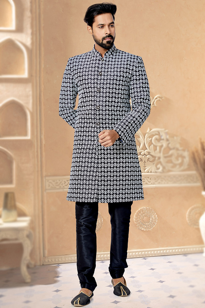 Black Dupion Silk Resham Thread Embroidered Men's Sherwani