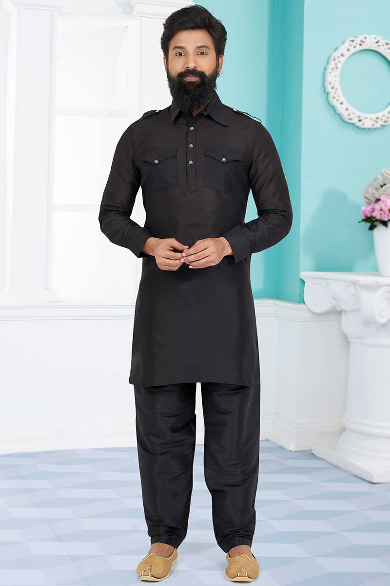 Black Straight Cut Dupion Silk Men Kurta Pajama for Party 