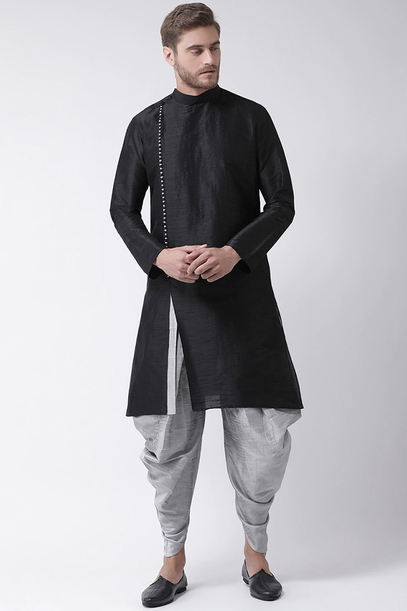 Black Dupion Silk Straight Cut Men's Kurta Dhoti