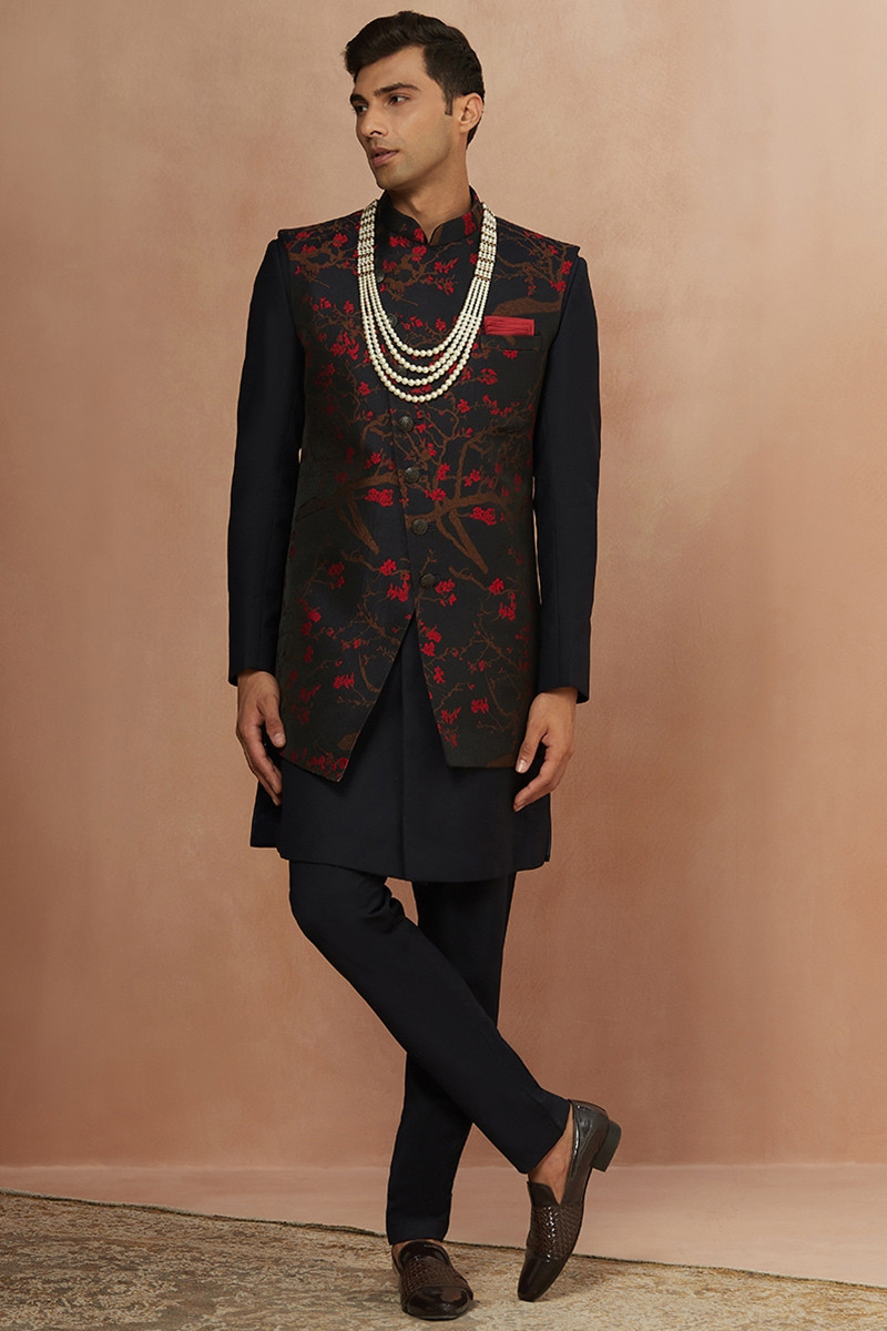 Black Dupion Silk Straight Cut Men s Sherwani