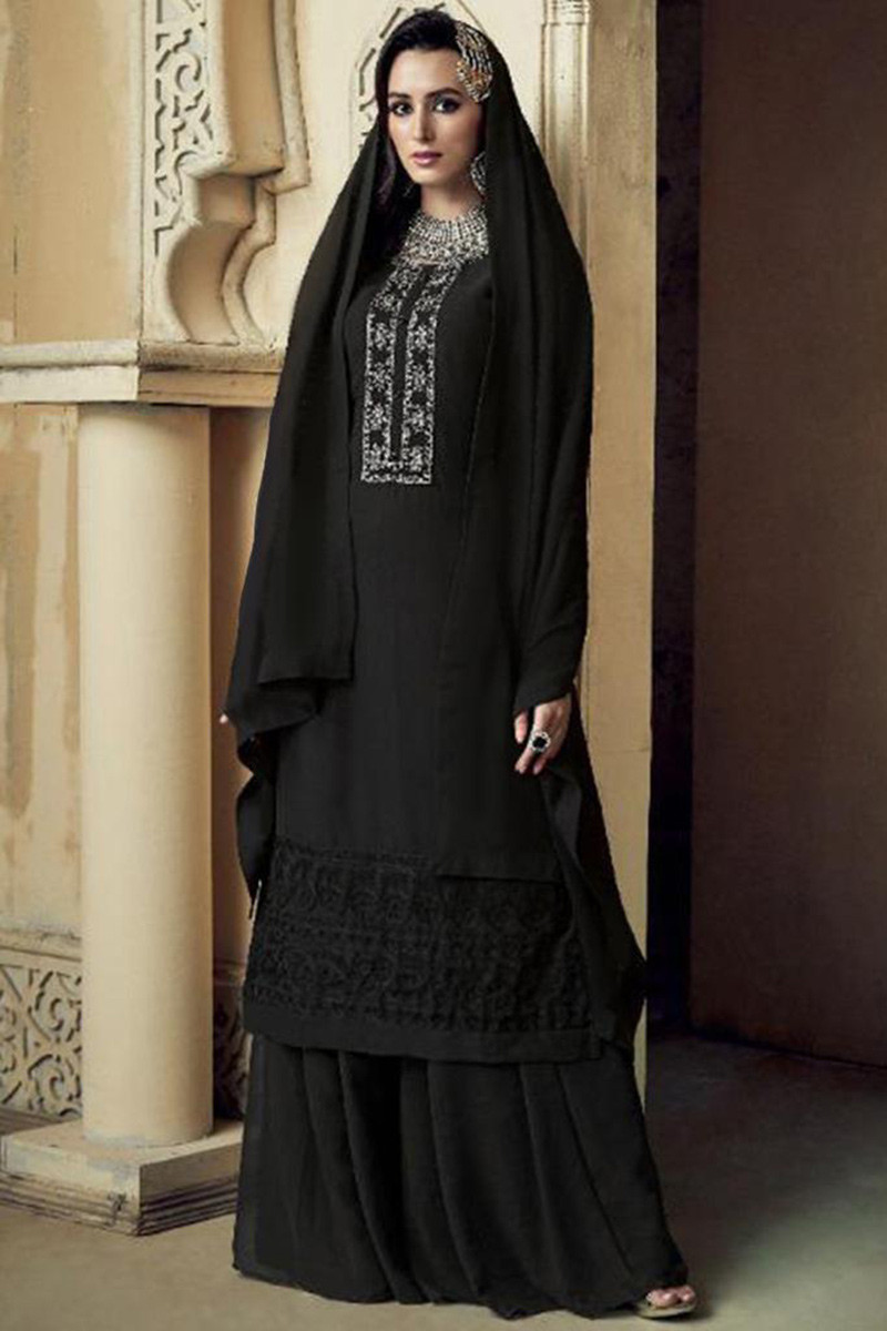 Designer Embellished Pakistani Dresses Black Frock Sharara Suit – Nameera  by Farooq