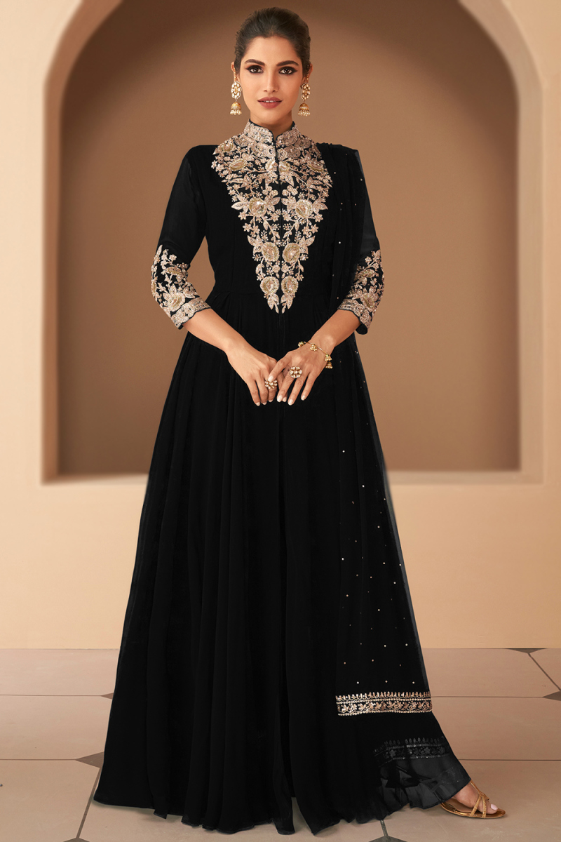 Black Georgette Beads Embroidered Ready Made A Line Anarkali Suit