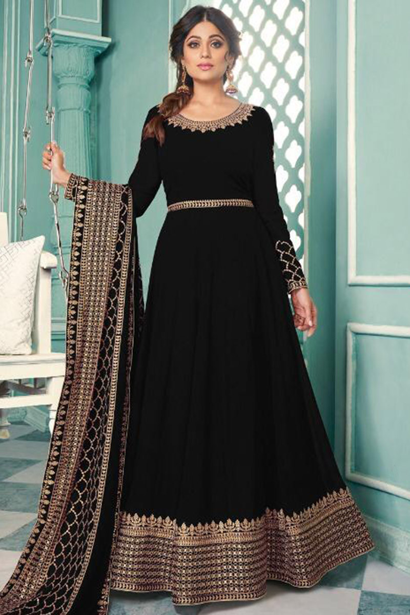 Casual Black Pure Georgette Lace Work Anarkali Suit With Dupatta