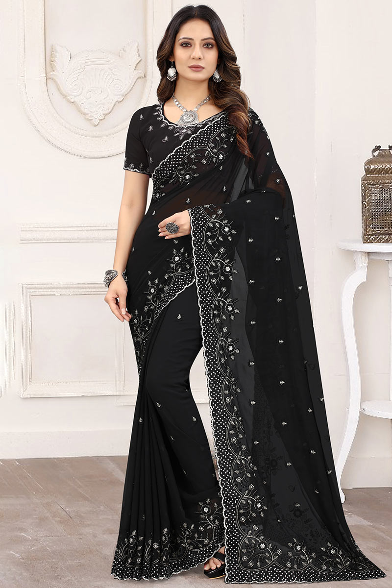 Black Georgette Woven Saree with Stone Embroidery