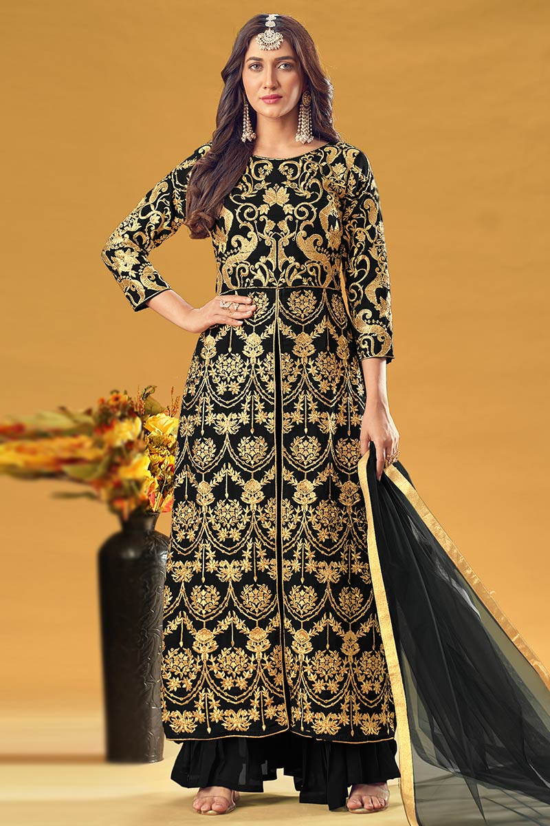 Party Wear Zari Embroidered Sharara Suit in Georgette Black